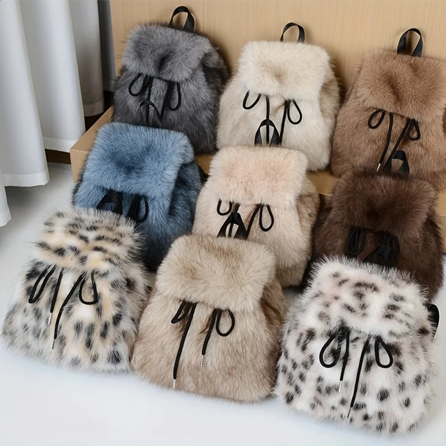 Womens Plush Faux Fur Backpack with Adjustable Drawstring Closure Daypack for Casual Formal Use Mini Backpack Soft Texture Bag 251205