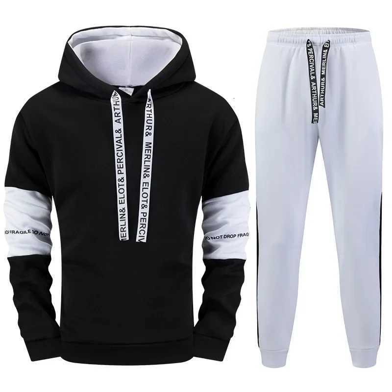 Autumn Winter Mens Tracksuit Casual Hooded Sweatshirt 2 Piece Set Gym Sports Jogging Clothing Classic Black White New in Outfits M251210