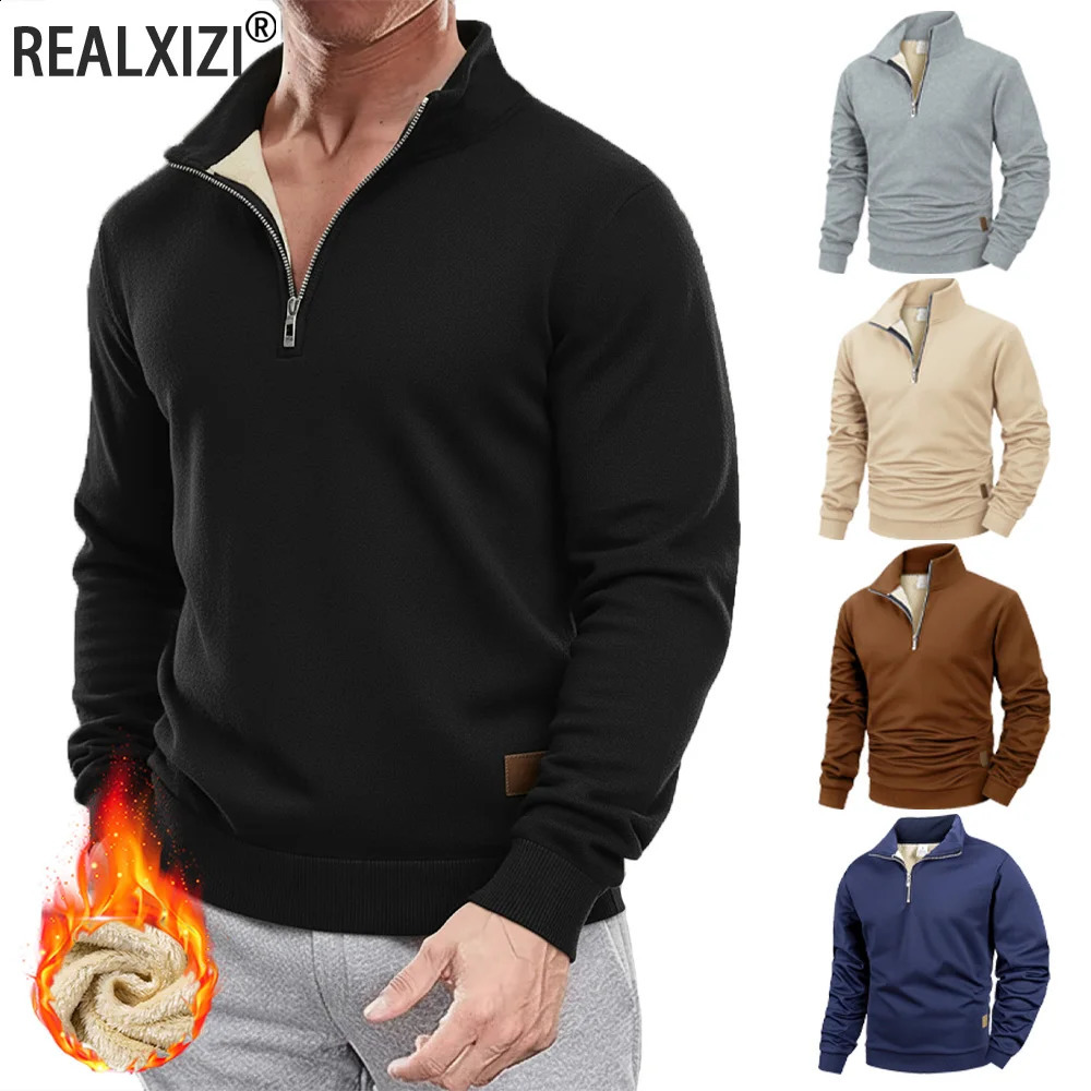 Sudadera con capucha para hombre con cremallera y mangas largas con forro polar y cuello simulado para exteriores Tops de punto de color sólido 2512