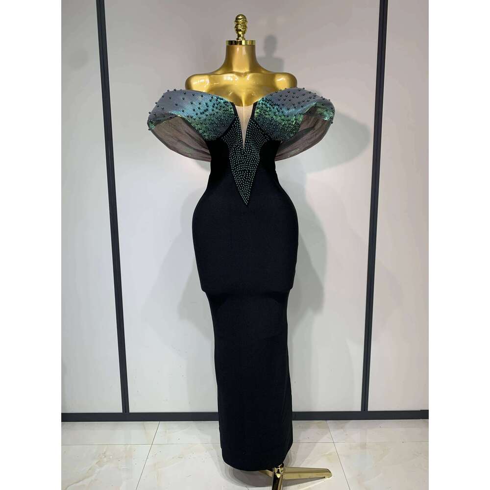 Abito da donna sexy con spalle scoperte e perline, aderente, maxi abito lungo dalla fasciatura, elegante abito da sera per club, festa di compleanno