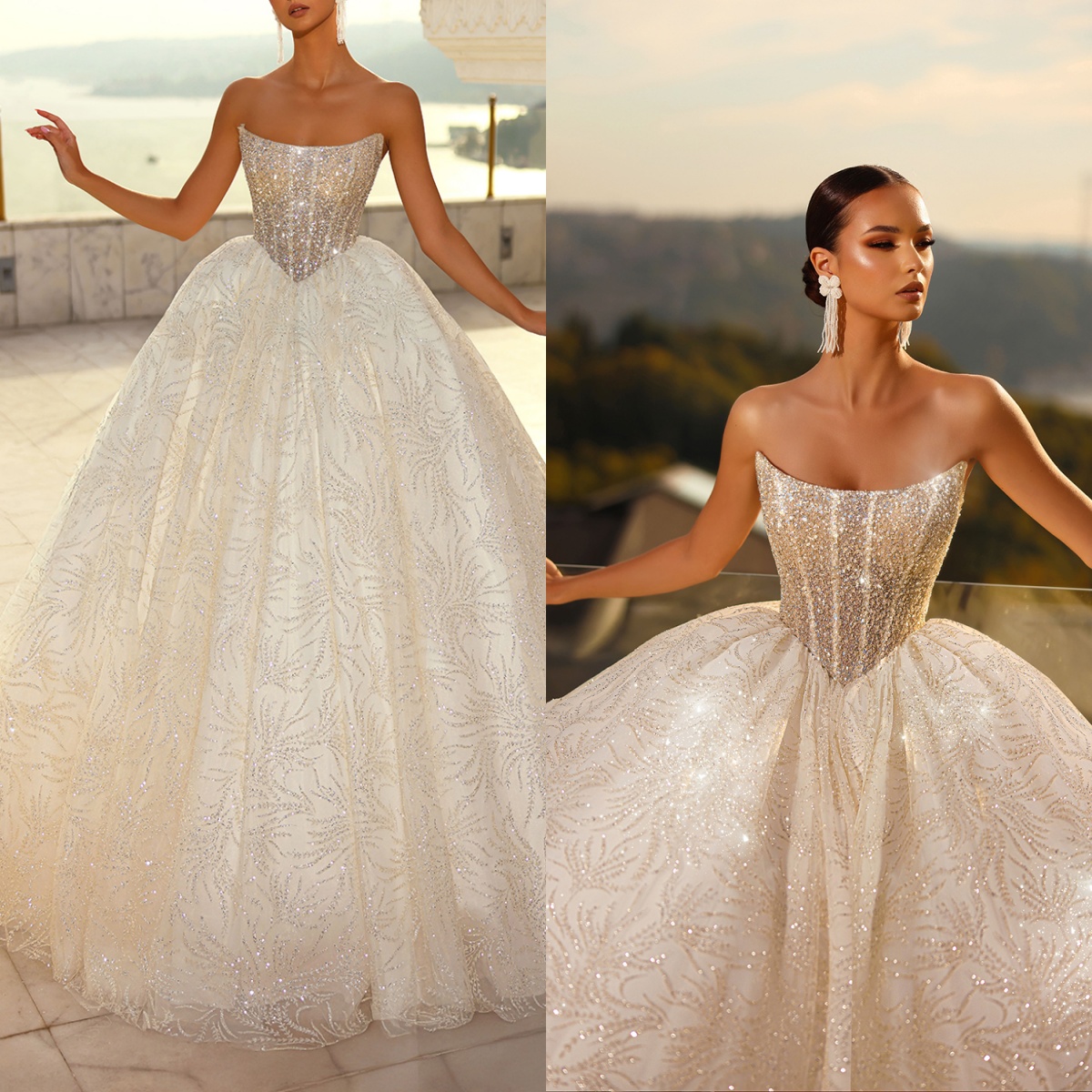 Sparkly A Line Women Wedding Dress Strapless Sleeveless Bridal Gowns Sequins Crystal Sweep Train Dress Custom Made vestidos de novia