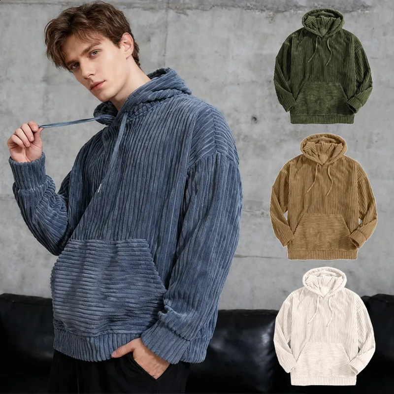 Mens Corduroy Hoodie Fleece Lined Heavyweight Long Sleeve Solid Color Pocket Casual Sweatshirt 251205