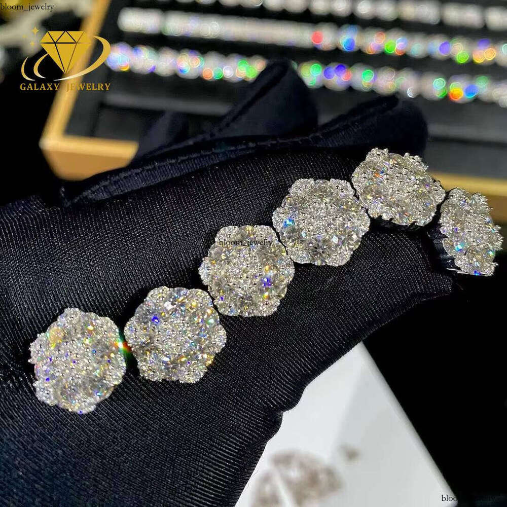 Hot Sale Hip Hop VVS Moissanite Silver 925 Vvs Silicon Stone Iced Out Cluster Flower Stud Earrings