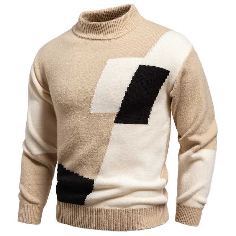 Autumn Winter Mens Mock Neck Patchwork Knitted Sweater Fashion Youthful Vitality Warm Knitting Pullovers Men Casual SweatersXJ251210