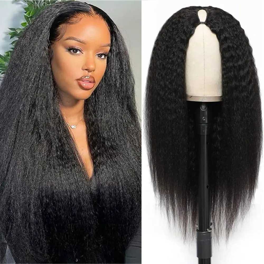 Synthetic Natural Black Kinky Straight U Part Wig Yaki Straight Wigs for Women Daily Party UseT251210 19$
