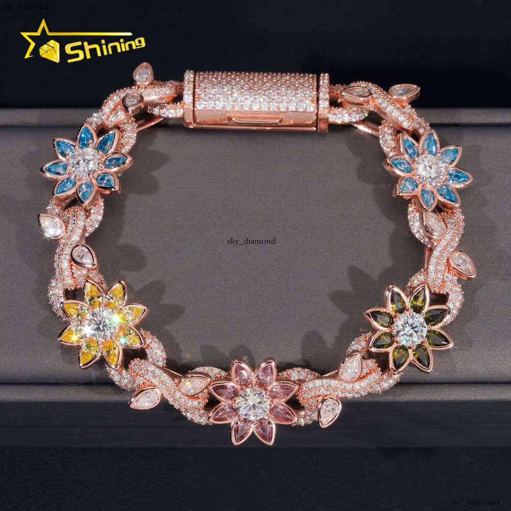 Custom Luxury Lab VVS Moissanite Flower 14k Gold Plated 925 silver VVS Silicon Stone Tennis Bracelet