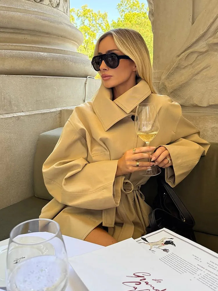 Fashion Womens Solid Trench Coat Chic Lapel Full Sleeve Lace Up Single Breasted Lady Autumn Daily Commuting High Street Outfits 251204