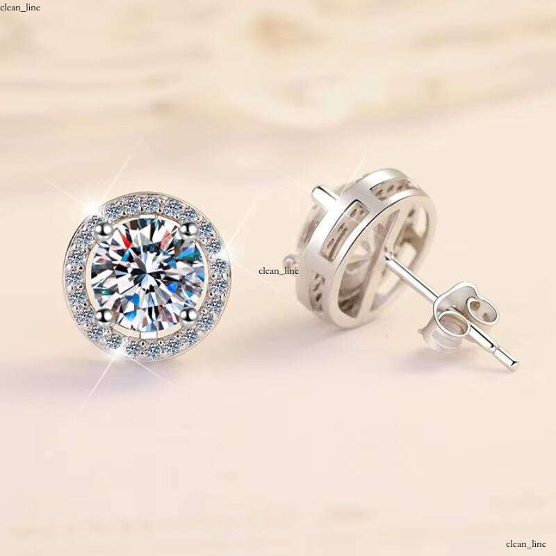 Fine Jewelry 1Ct Round Cut VVS Moissanite White Gold Plated Women Geometry S925 Sterling Silver VVs1 Moissanite Stud Earrings