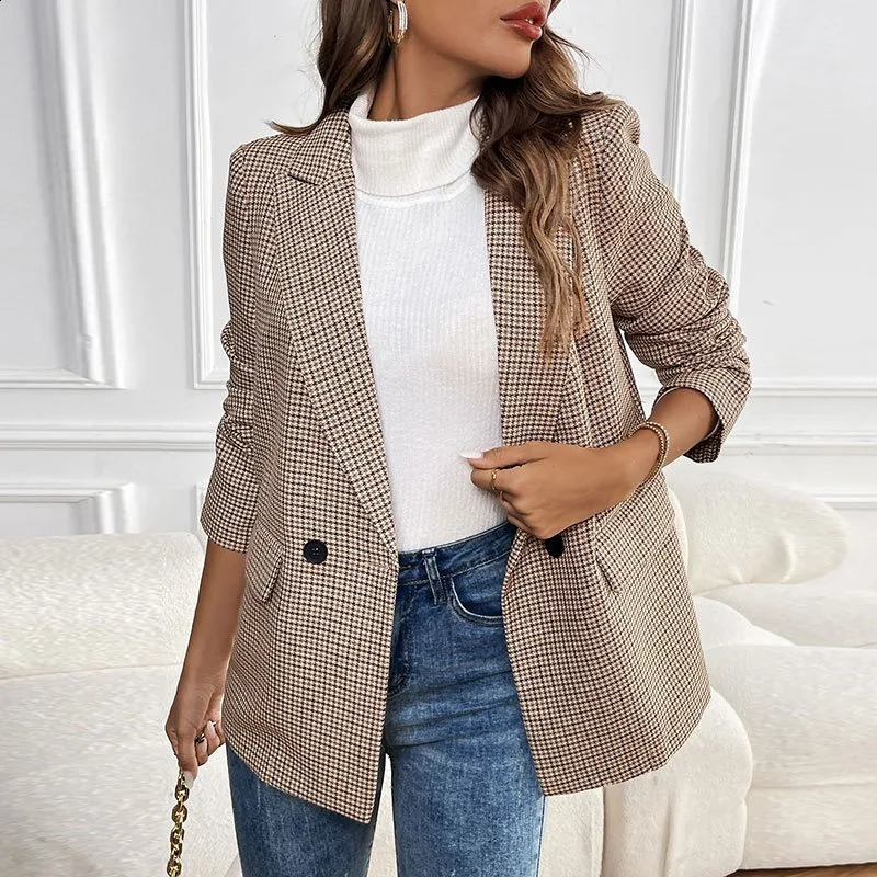 Vintage Double Breasted Office Ladies Plaid Blazer 2025 Pockets Loose Houndstooth Retro Suit Coat Jacket Women Blazers Female 251204