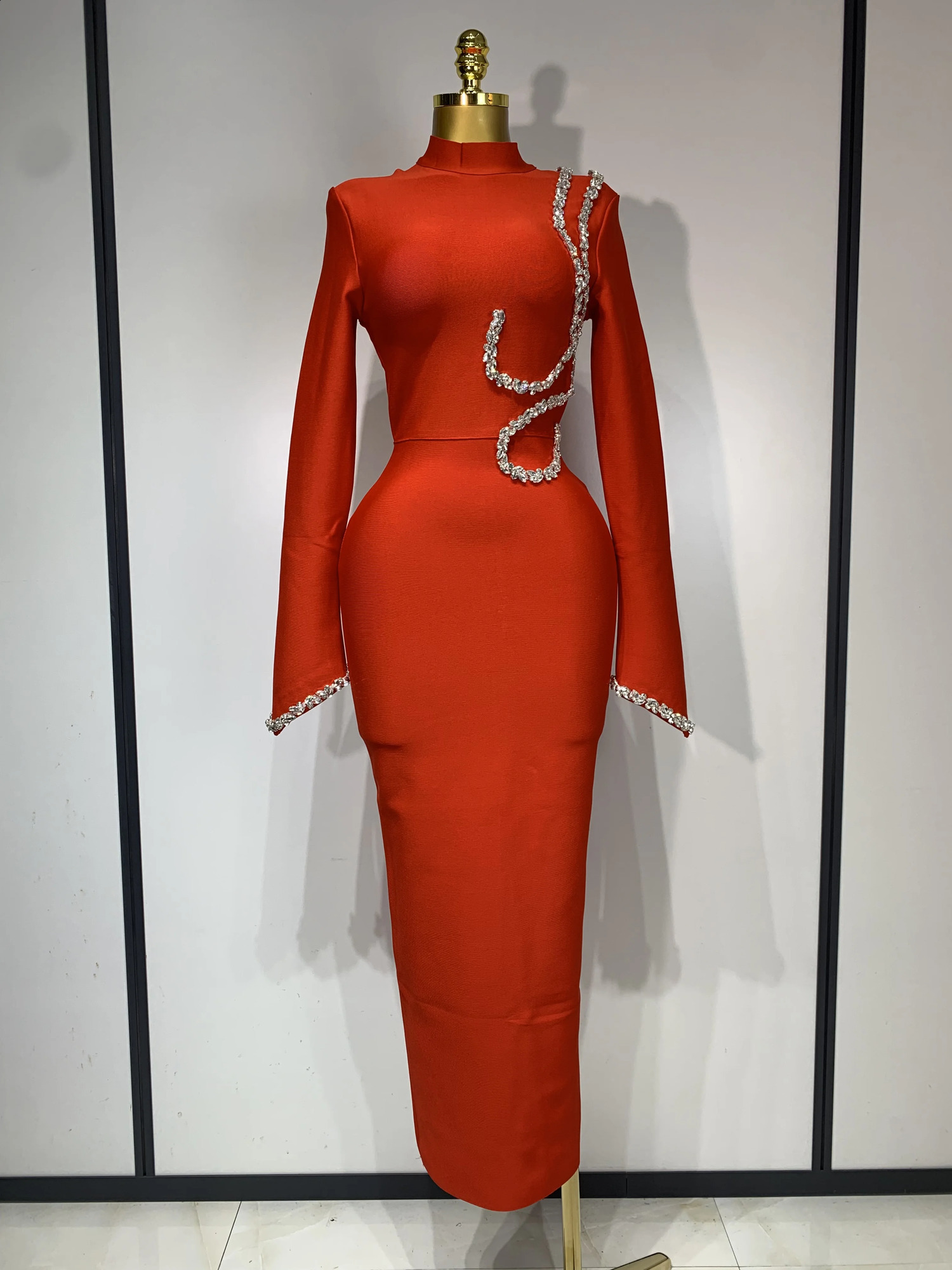 Women Sexy Long Sleeve Diamonds Maxi Long Bodycon Bandage Dress 2025 Celebrity Elegant Evening Party Birthday Dresses 251201