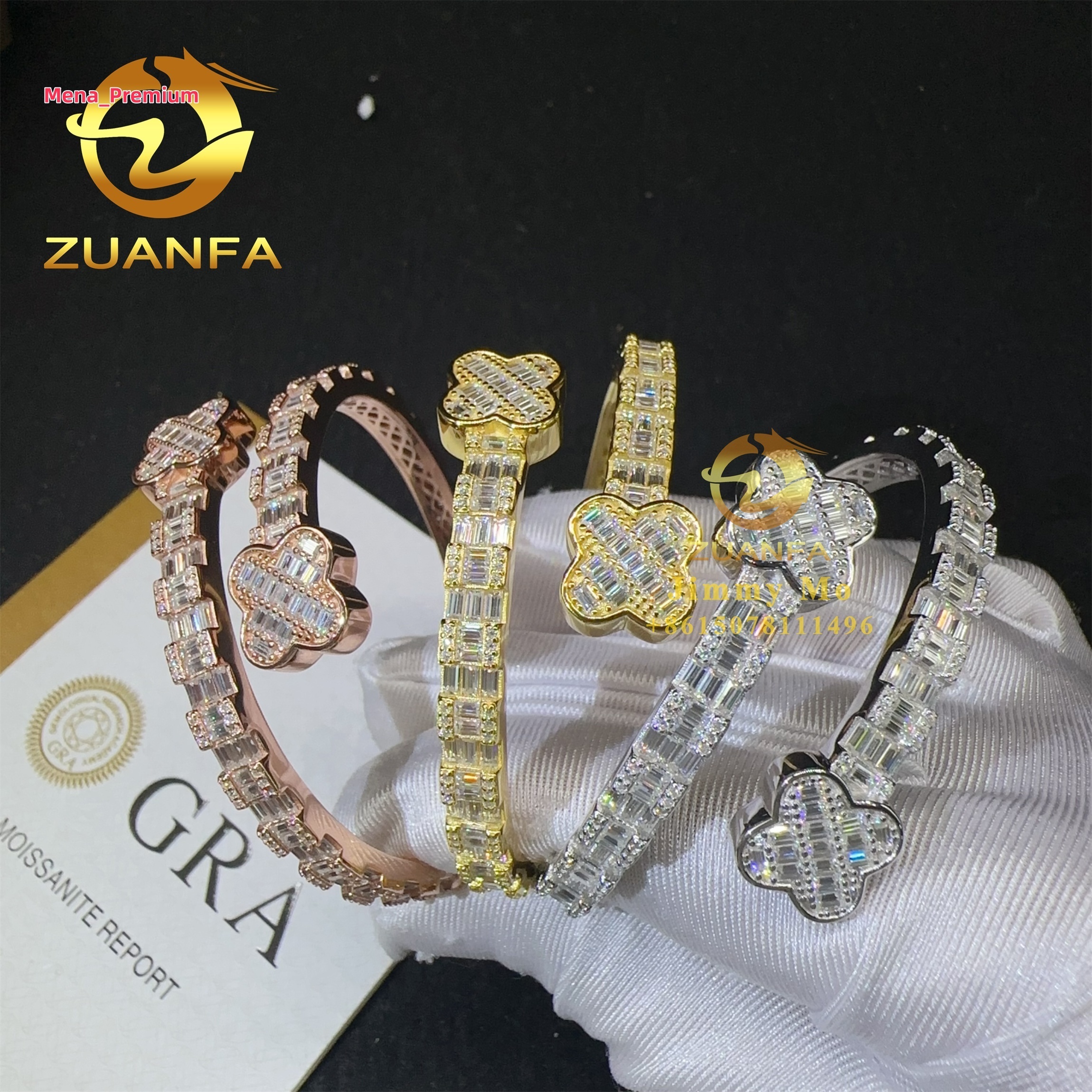 New Arrivals Fashion Men 925 Silver Iced Out Hip Hop Jewelry Baguette Moissanite Diamond Four Leaf Clovers Bracelet Bangle