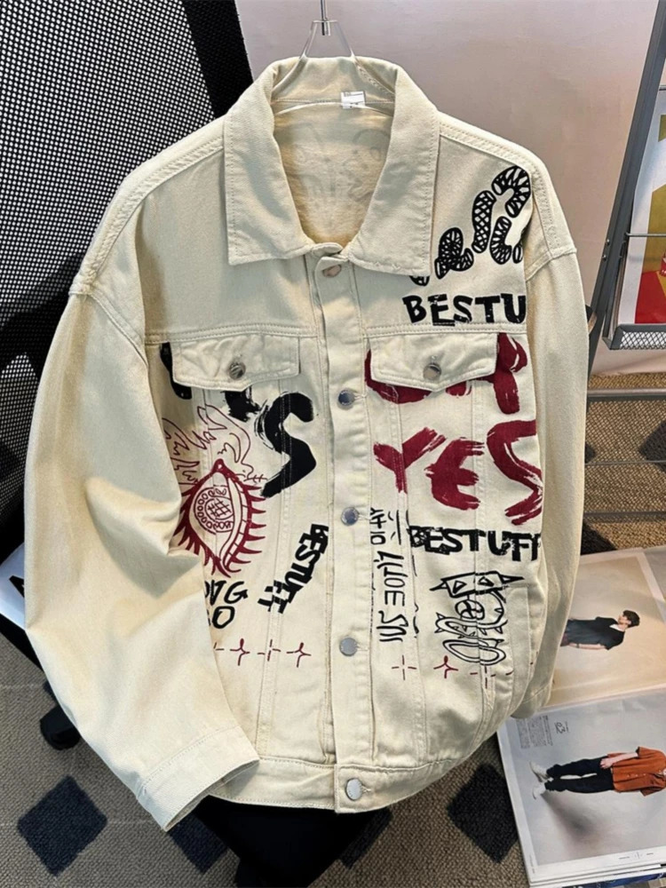 Vintage Graffiti Loose Denim Jacket Men High Street Trendy Outerwear Spring Autumn Hip-hop Couples Doodle Jeans Coat Chic 251201
