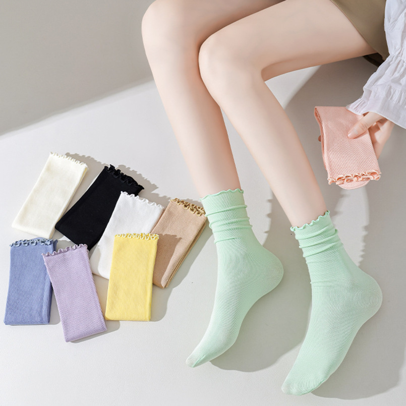 White Mid-Calf for Women, Spring and Thin Cotton Sweat-Absorbing Ruffled Edge Non-Tightening Pile Socks, Summer Zhuji Socks