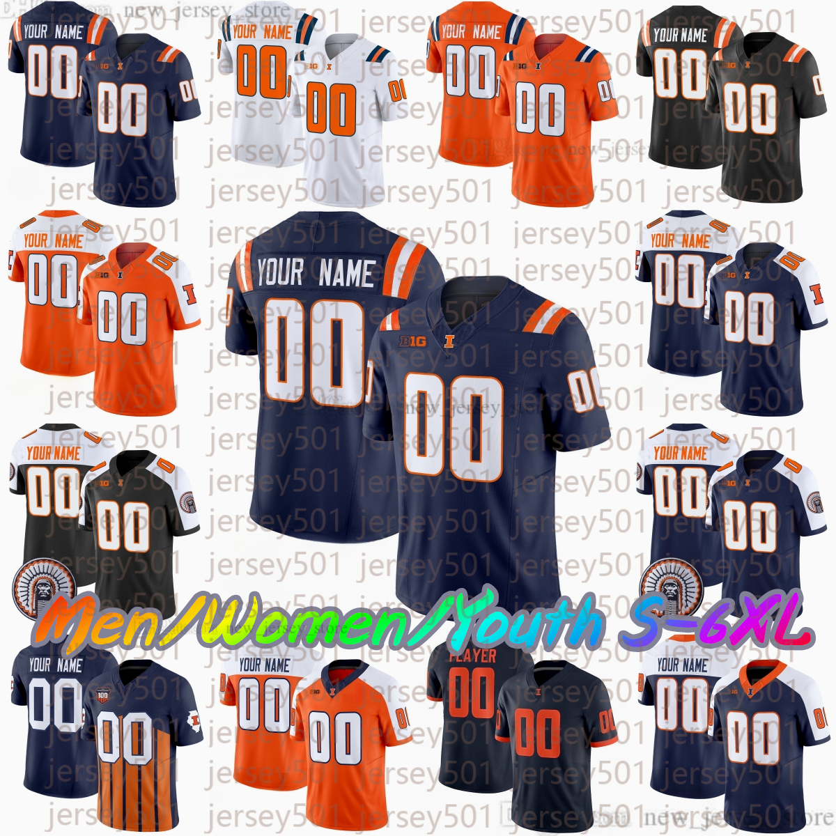 2025 Custom XS-6XL Illinois Fighting Illini New Football Jersey 9 Luke Altmyer 6 Josh McCray 7 Matthew Bailey 14 Xavier Scott 21 Aidan Laughery Stit