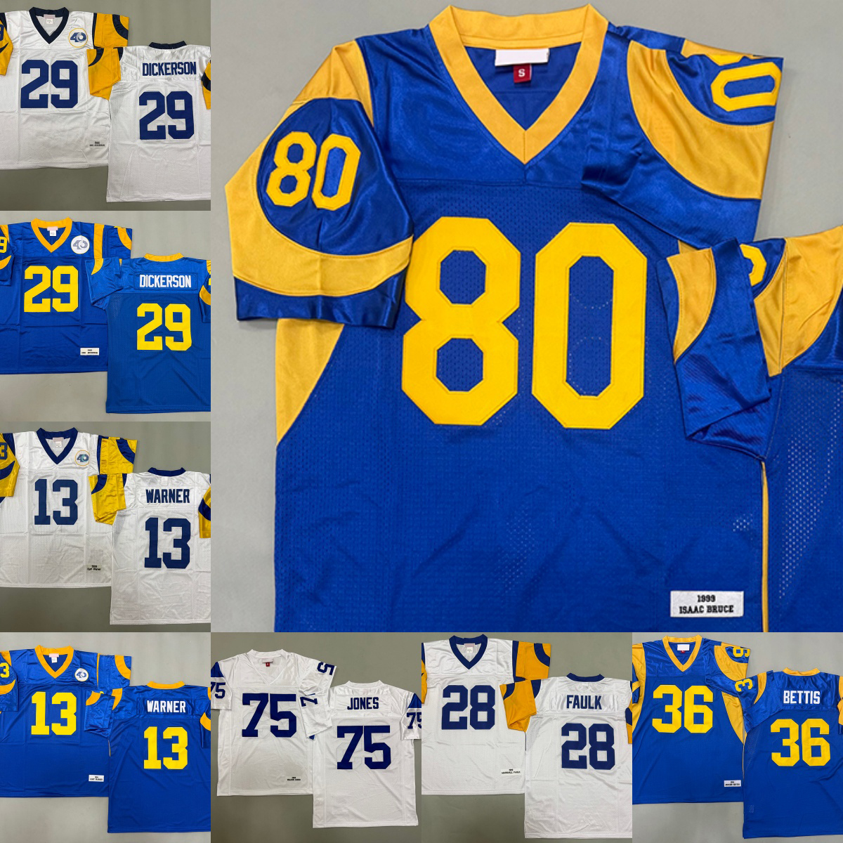 Maillot rétro Harris Kurt Warner Jack Youngblood Deacon Jones Marshall Faulk Jerome Bettis Stock Maillots de football Numéro de couture Nom