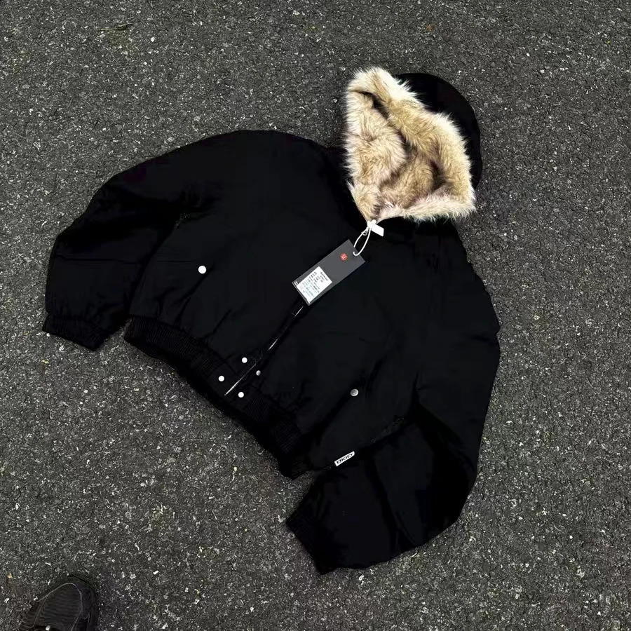 Y2K Americano Nero Retro Colletto di Lana di Cotone Ispessito Giacca da Uomo E da Donna di Modo Punk Vintage Streetwear Allentato Casual Giubbotti 2
