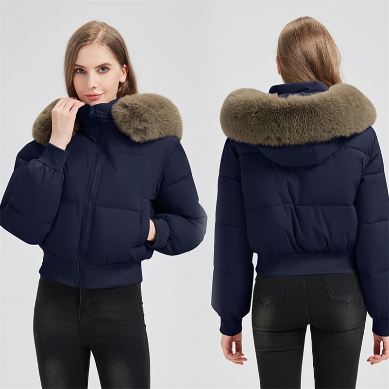 2025 Thicken Short Womens Winter Jacket Korean Style Down Cotton Coat Casual Warm Fur Hooded Cropped Parkas Chic Streetwear251129ww