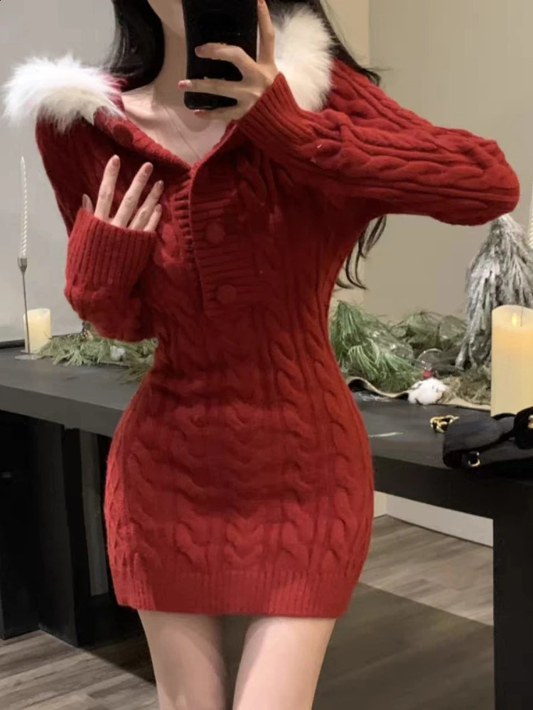 Christmas Red Elegant Sweater Women Slim Fur Patchwork Hooded Knitted Dress Female Korean Fashion Casual Warm Clothes 251205