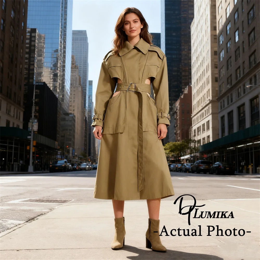 DTLumika Womens Trench Coat Cut Out Waist Long Coat Khaki Jacket with Belt Autumn Outfit Office Daily Jacket 251204