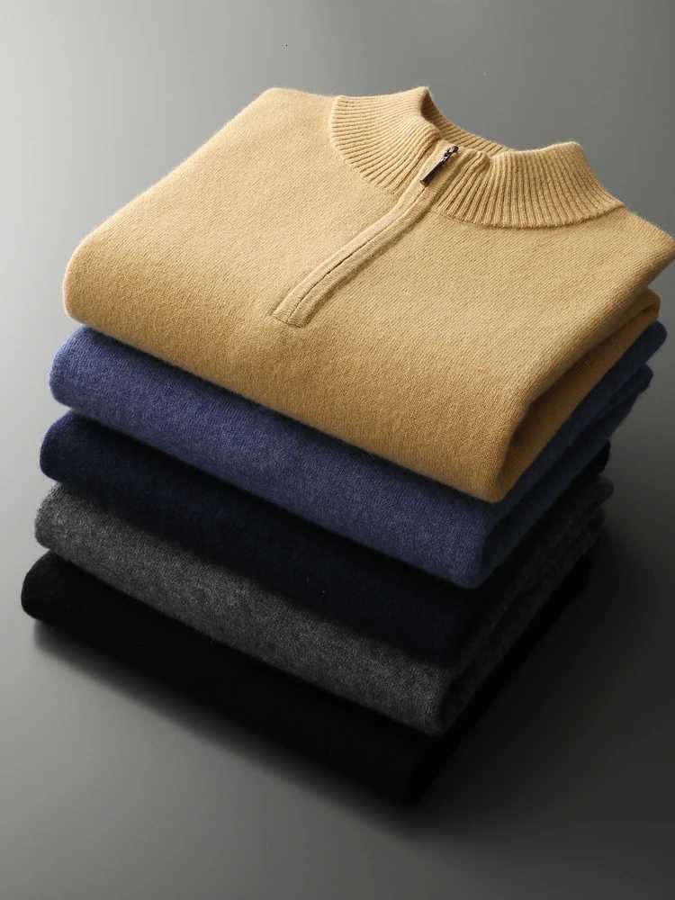 Autumn Winter Mens Wool Zipper Pullover 100 Merino Wool Sweater Mock Neck Long Sleeve Cashmere Knitwear Smart Casual ClothingXJ251210