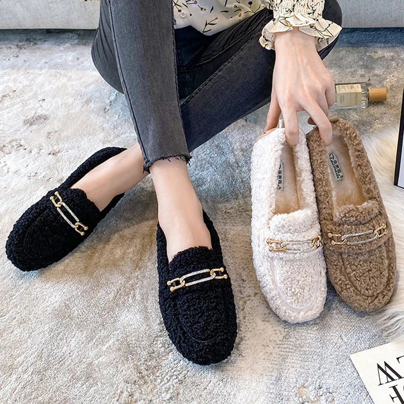 Sheep Fur Lined Loafers Women Lambswool Shoes Ladies Winter Slip On Furry Flats Cotton Wool Mocasine Femme Barefoot Boots251204