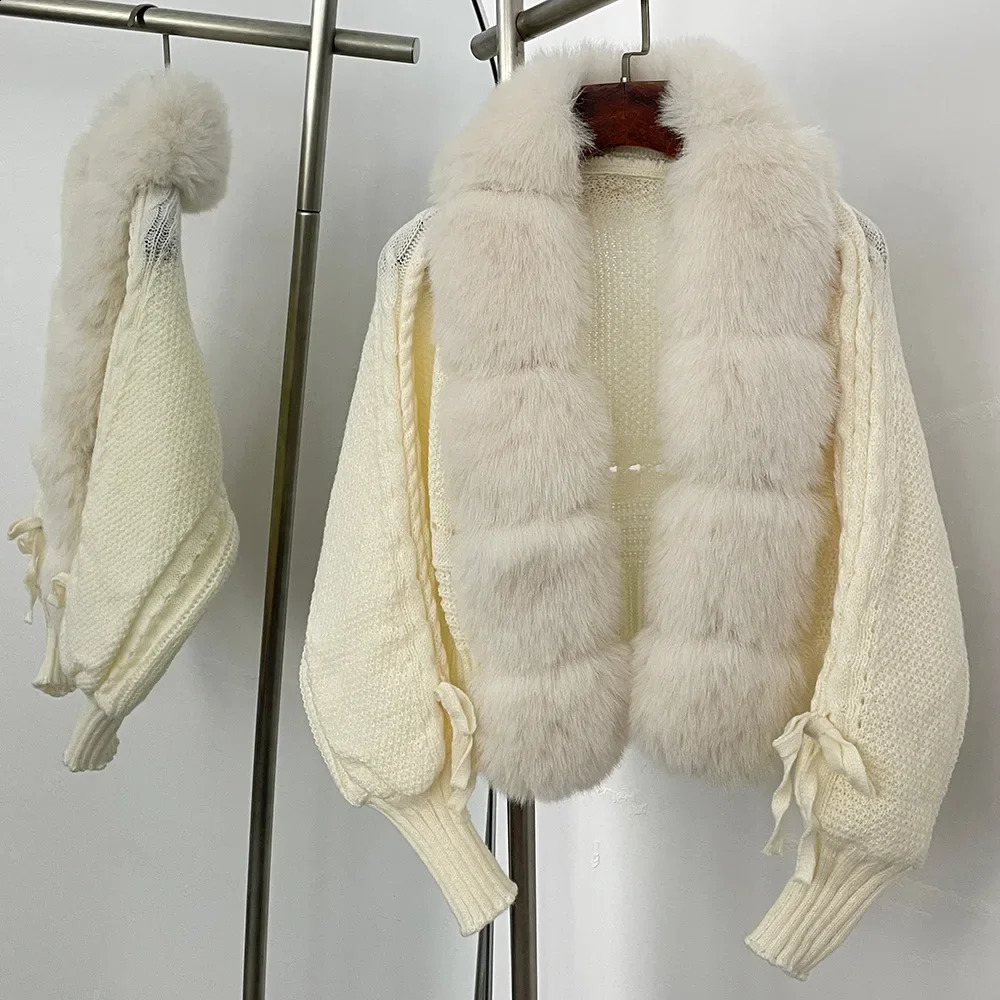 Eco-Friendly Fox Fur Collar Detachable Knitted Sweater for Women V-Neck Full Sleeve Pure Color Autumn Winter Style 251209