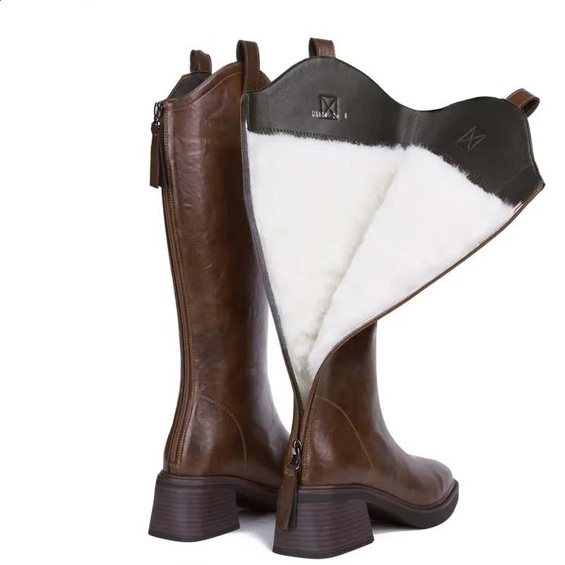 DIMANYU Long Boots Womens Genuine Leather Winter 2025 Natural Wool Female Boots Fashion Western Cowboy Boots Ladies 251204
