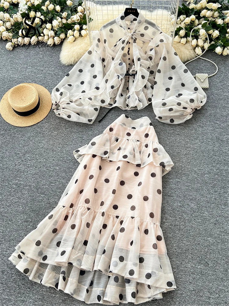 SINGREINY French Polka Dot Fashion Suits Female Bow Neck Sheer Loose BlouseLong Skirt Sets Vacation Bohe Two Pieces Suit 251205