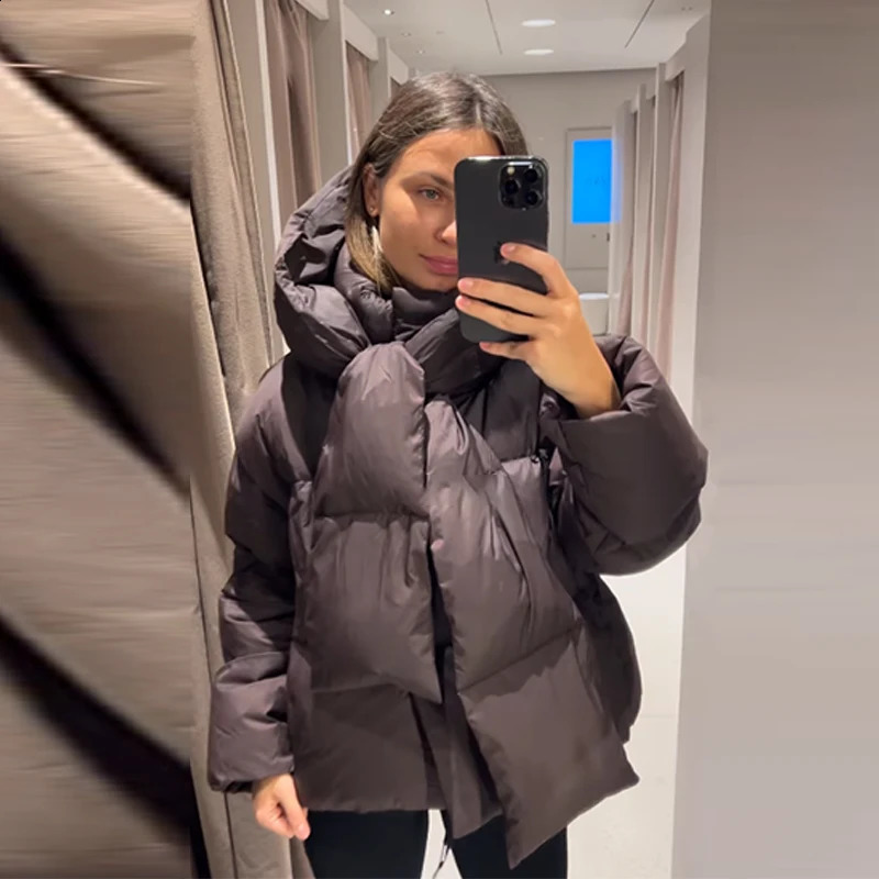 Thicken Womens Down Jacket Brown Detachable Scarf Collar Hooded Padded Cotton Coats Winter Warm Zipper Outwears 251209