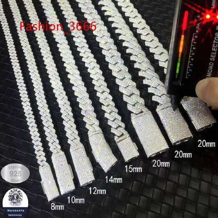 Hip Hop Custom Iced Out Moissanite Cuban Link Chain 925 Silver VVS Diamond 2 Rows 8mm 10mm 12mm 15mm Mens Necklace Jewelry