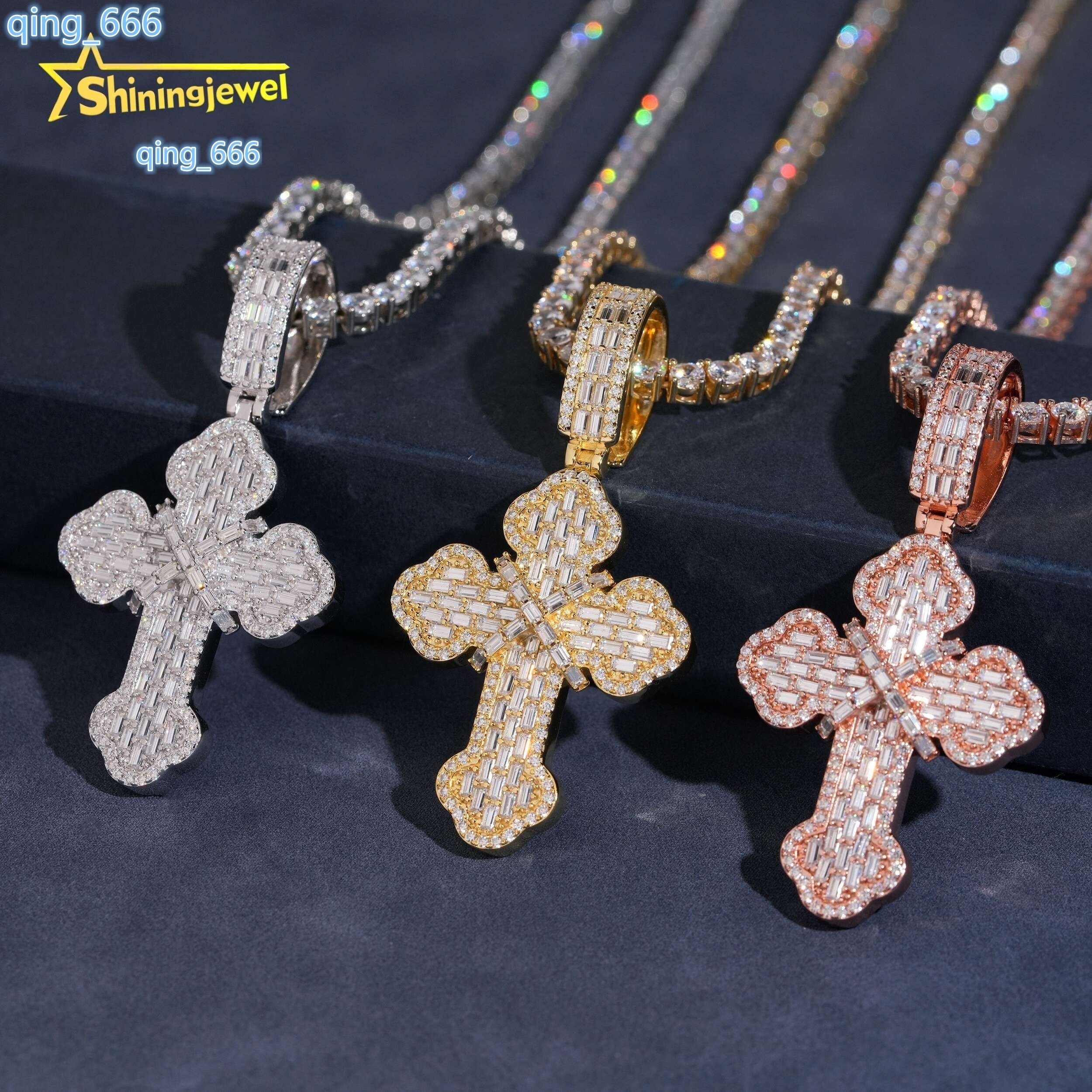 Pass Diamond Tester Hip Hop New Style Iced Out Custom 925 Silver Baguette Moissanite Cross Pendant