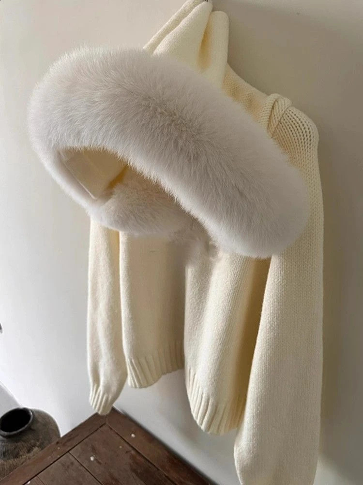 Autumn Winter Fashion Warm Pullover Chic Fur Hooded Knitted Sweater Woman Zipper Casual Long Sleeve Cardigan Outwear 251209