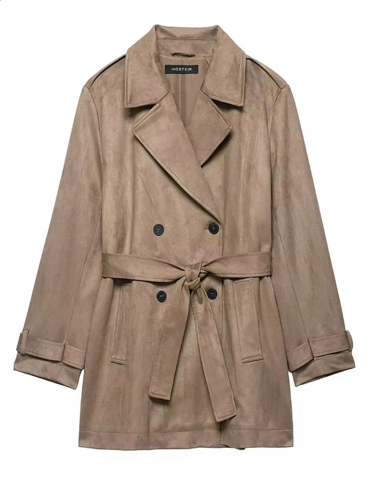 HH Elegant Womens Faux Suede Effect Windbreaker Lapel Double-Breasted Pocket Decorate Casual Overcoat Lady Street Trench Coat 251205BJ
