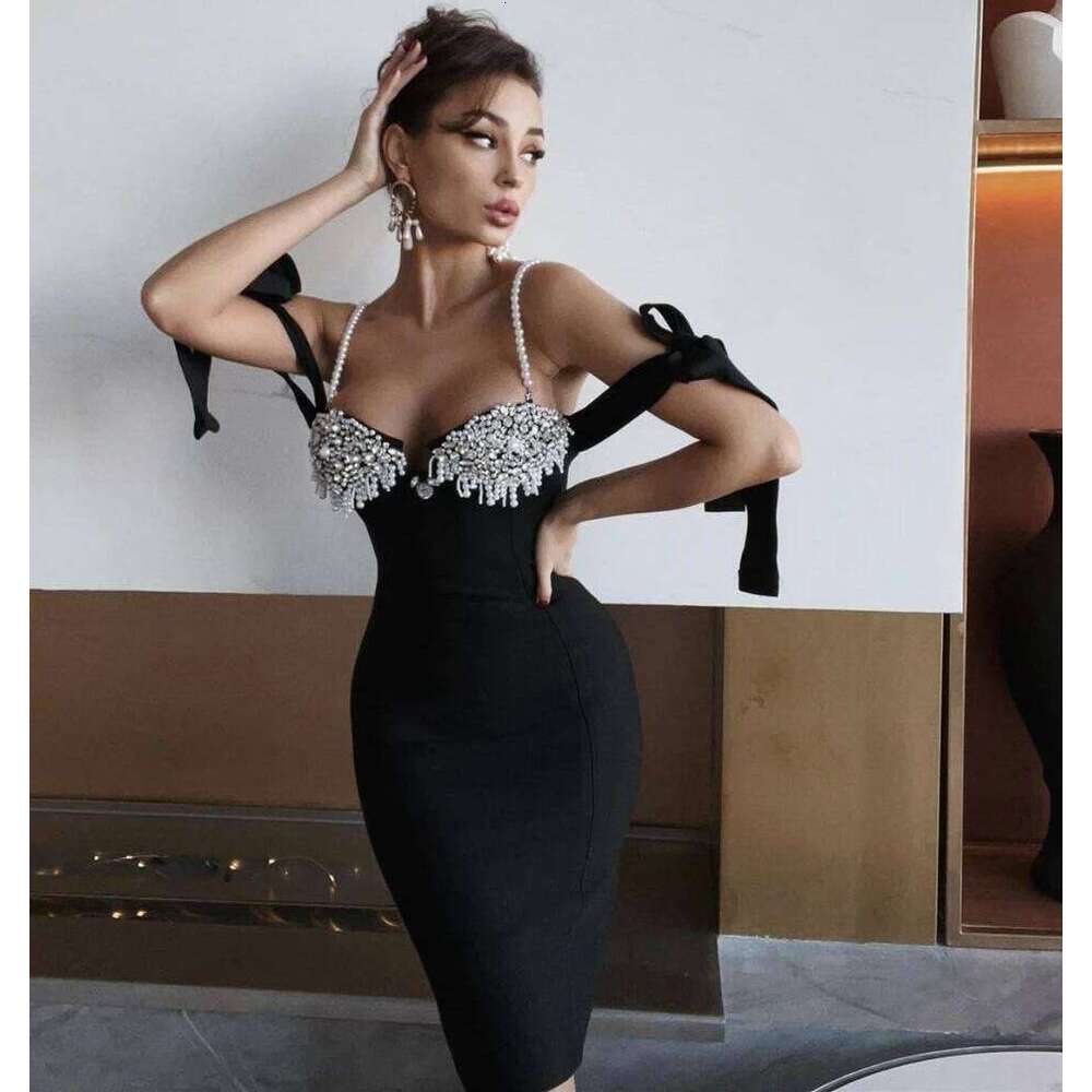 New Women Summer Sexy Backless Pearl Diamonds Crystal Black Mini Bodycon Bandage Elegant Evening Party Dress Vestido Luxury