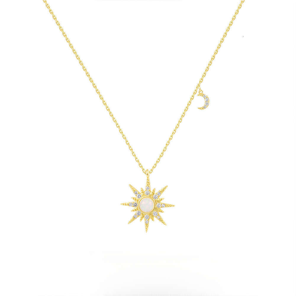 S925 Sterling Silver Sun Moon Necklace for Women Opal Stone Pendant Fashion Light Luxury Collarbone Chain European and American Cross-Border