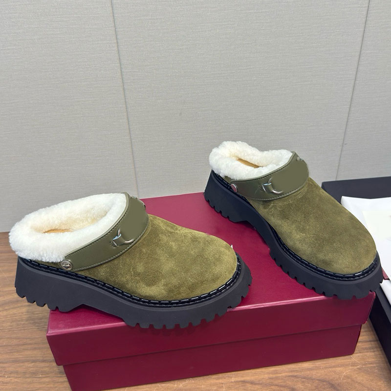 Womens mule with Horsebit designer hair slippers womens autumn winter sandals high quality dark green suede fabric soft comfortable leather lining s