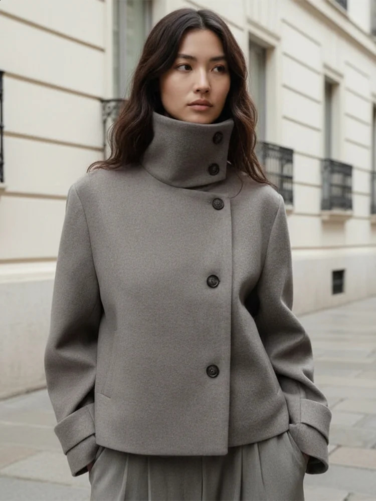 Women Solid Stand Collar Short Woolen Coat Casual Single Breasted Full Sleeve Lapel Loose Coats Lady Winter Commute Outwear 251209