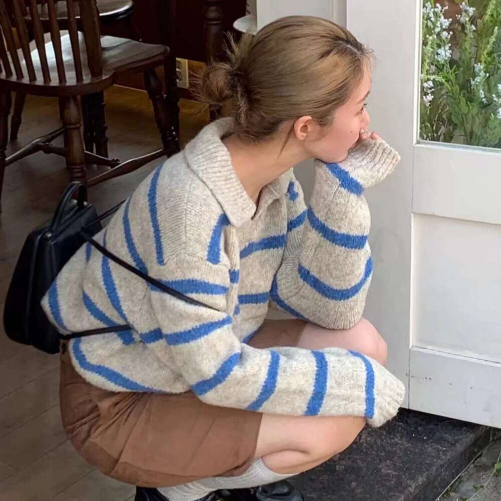 Chic Autumn Winter Versatile Korean Style Lazy Loose Color Block Turn-Down Collar Striped Knit Sweater Women's Cardigan B5