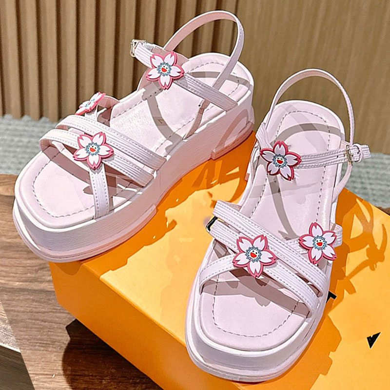 x TM Maya Platform Sandal 1AGWO2 Designer Light Pink Sandals. Ladies Cherry Blossom Thick Soled Shoes Women Luxury Casual shoe Epi Grained Calf Leat