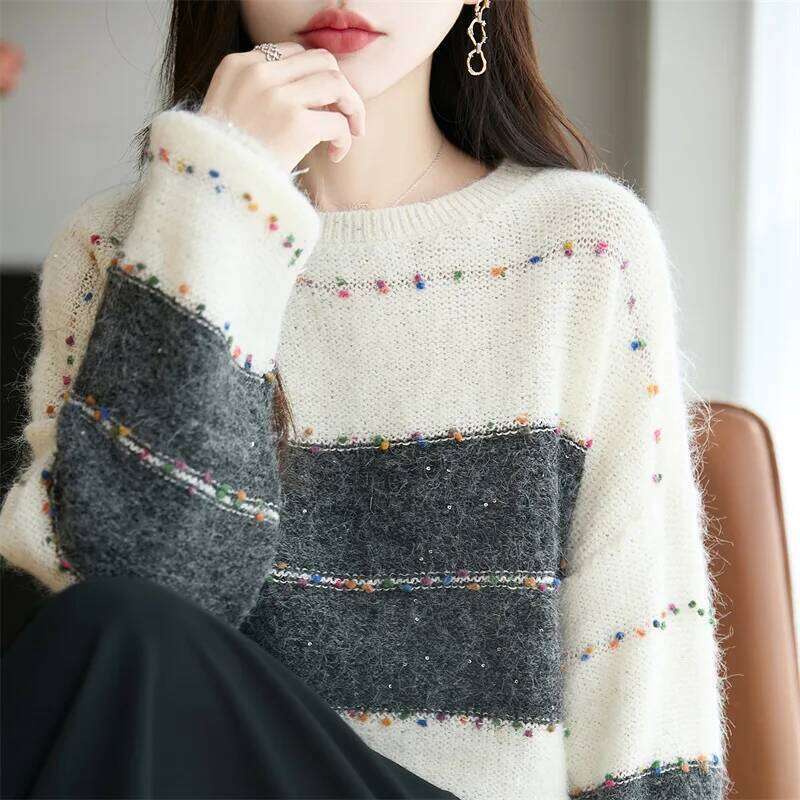 Plus Women's Lazy Style Color Block Striped Sequin Knitted Sweater Autumn Winter Plus Size Versatile Slimming Age-Defyin...