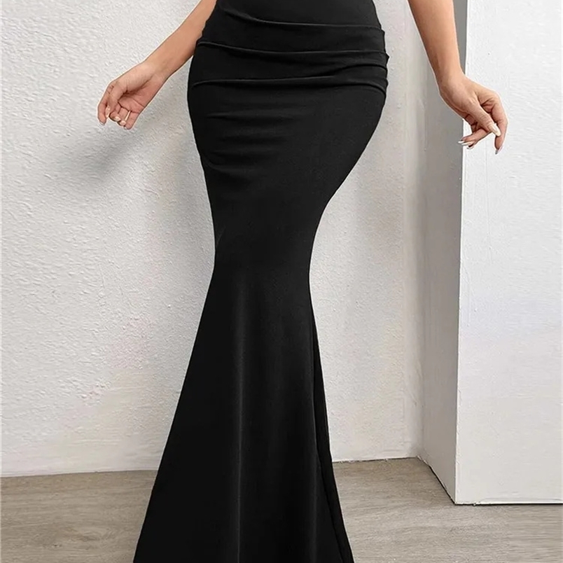 Solid Bodycon Ruched Long Skirt Women Sexy Black Elastic Elegant High Waist Mermaid Maxi Skirts Summer Streetwear251129ww