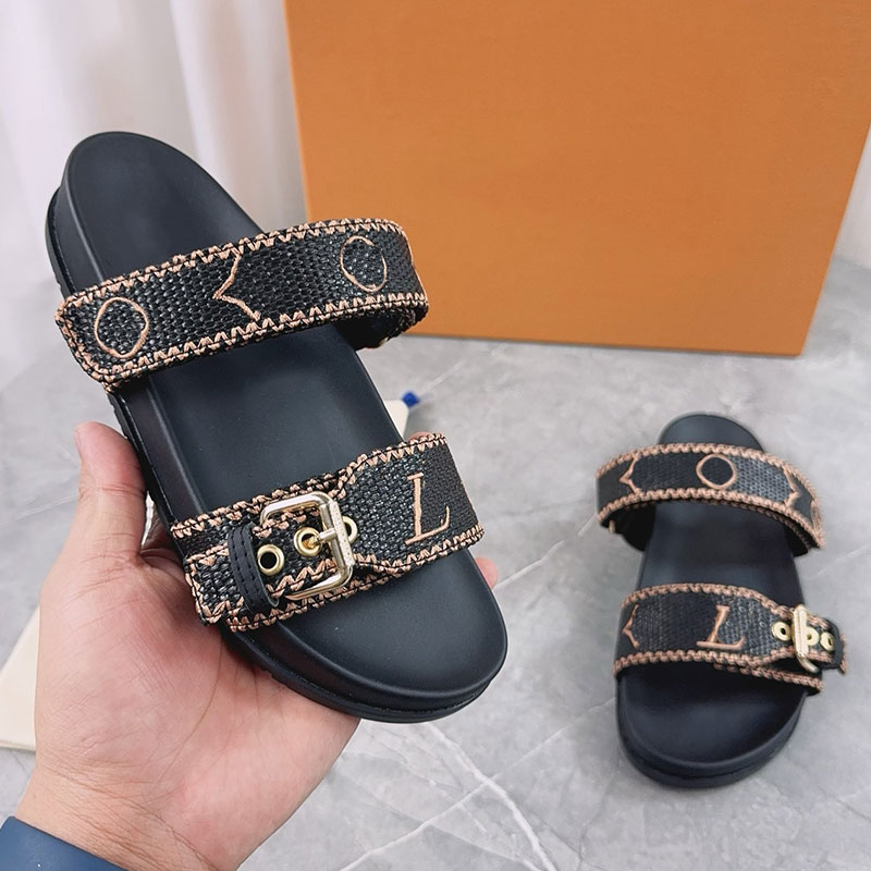 Couples Summer Beach Shoes Designer Luxury Sandals Mens Womens Casual Flat shoe Ladie leather Slippers Straw Sizes 35 46