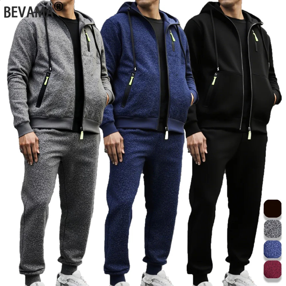 Autumn Mens Sportswear Solid Color Solid Color Zipper Hooded Pocket Jacket and Drawstring Trousers Sports Clothing Set 251205