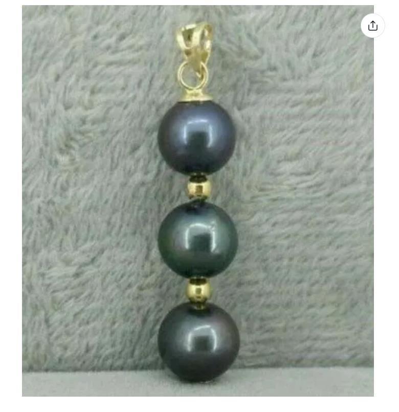 Black round AAA 9-10 mm natural Tahitian pearl pendant necklace 14k Gold