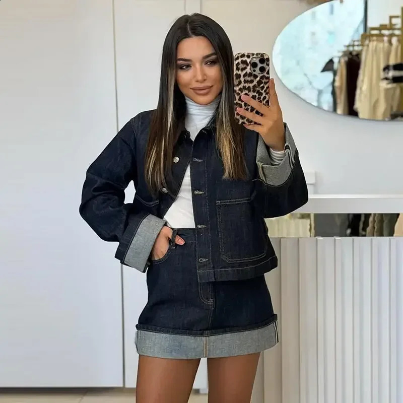 Trendy Denim Jacket Mini Skirts Set Women Lapel Single Breasted Long Sleeve Coat Slim Short Skirt Spring Elegant Lady Outfit 251205