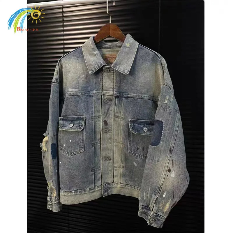 Vintage Washed Blue Damaged Hole Patch Saint Denim Jacket Men Women Streetwear Quality Graffiti Cow Jean Coats With Tag 251201