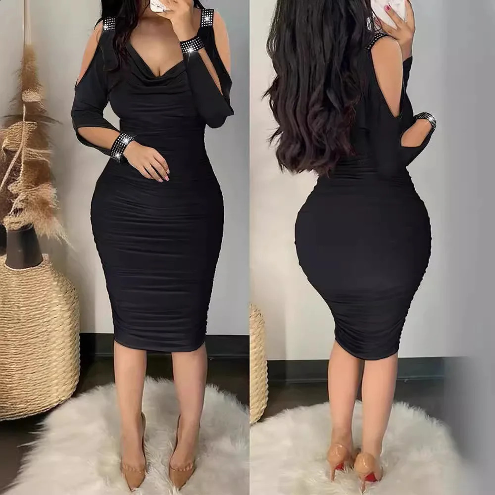 Tight Dresses Ladies Sexy Fashion Solid Color Clothes V-Neck Womens Pleated Wraps Hips Diamond-Encrusted Bare Shoulder Dress 251201