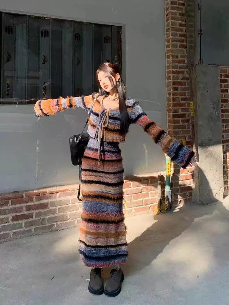 Vintage Striped Knit Cardigan Set Women Autumn Winter Slim Lace Up Long Sleeve Cardigan Y2K Casual Camis Vestidos 2 Piece Sets 251205