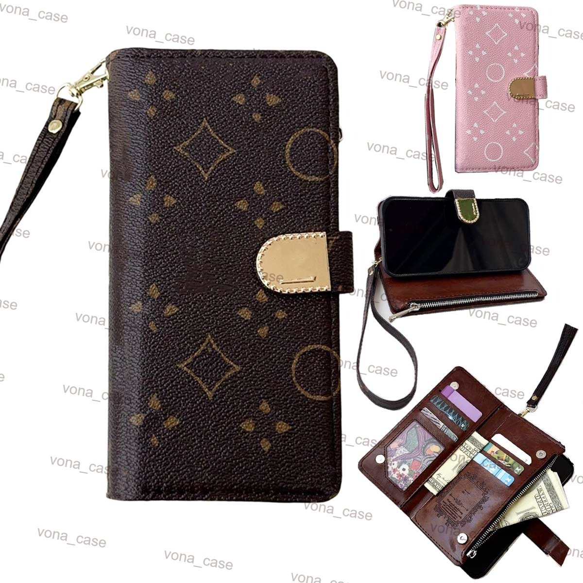 Flip Wallet Leather Luxury iPhone Case with Wrist Strap for iPhone 17 Pro Max 17 Air 16 Pro 15 Plus 14 13 12 Designer Phone Case with Multi-Card Hol