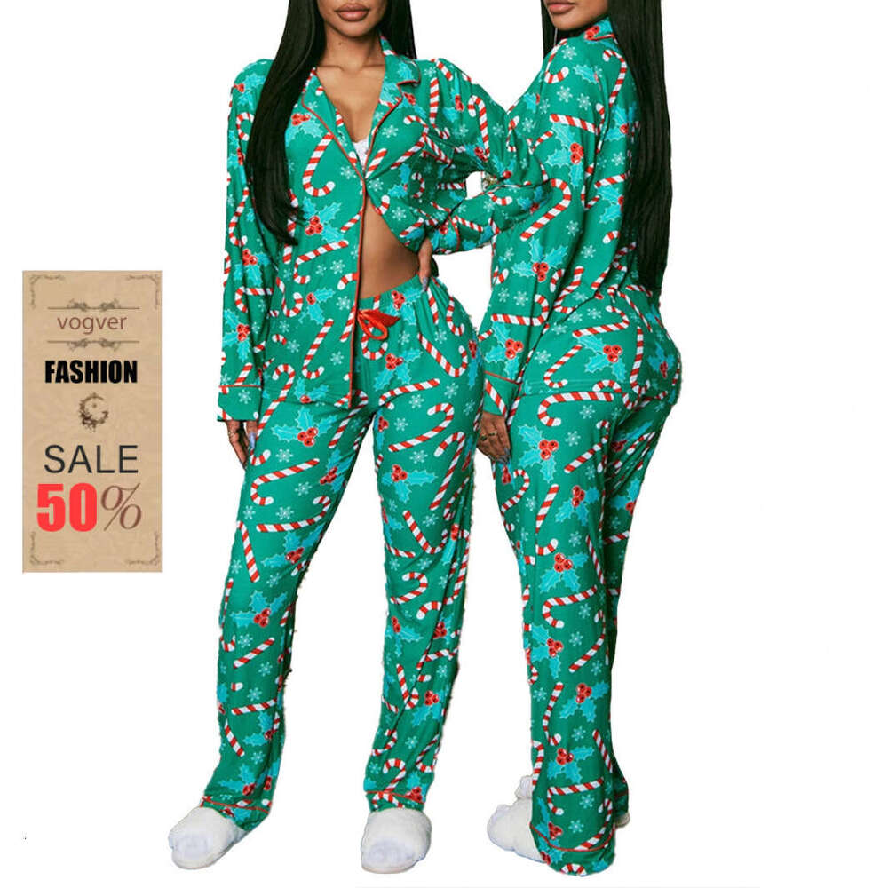 Pajamas for Women Designer Luxury 2026 Christmas Cross-Border Autumn Winter Women's Turn-Down Collar Front Open Single-Breasted Sleeve High Wai